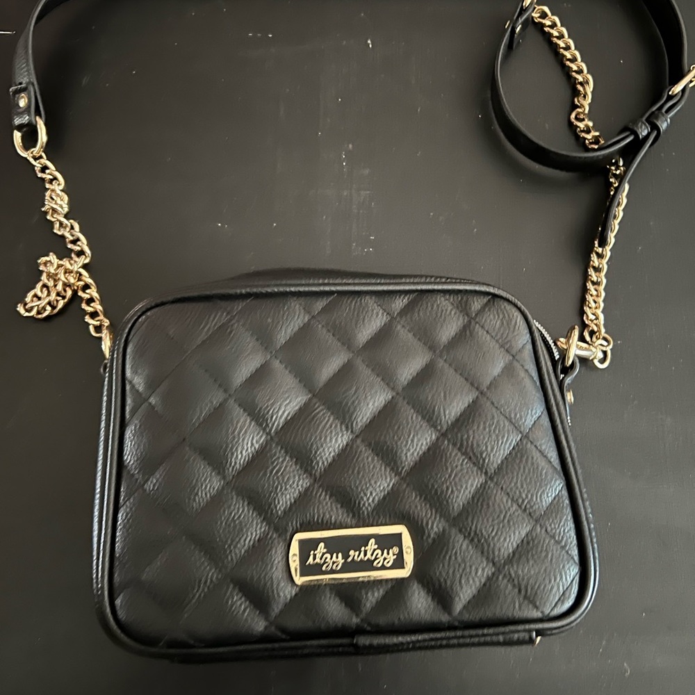 Itzy Ritzy Black Quilted Crossbody Bag with Gold Chain